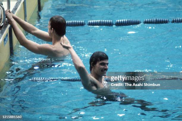 Mark Spitz of the United States celebrates winning the gold medal after competing in the Swimming Men's 100m Freestyle final during the Munich...