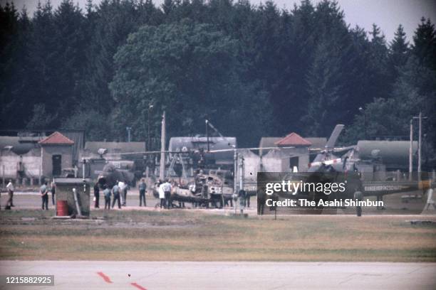 Wreckage of the Federal Border Police helicopter is seen after failed rescue attempt of Israeli athletes resulting in fire exchange as terrorist...