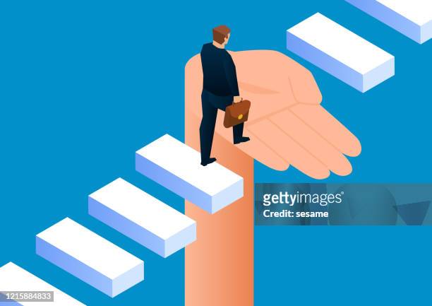 huge hand helps businessman to cross missing steps - lost stock illustrations