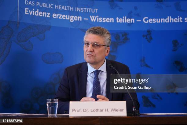 Lothar Wieler, President of the Robert Koch Institute, speaks to the media to give an update on the global coronavirus pandemic on March 31 in...