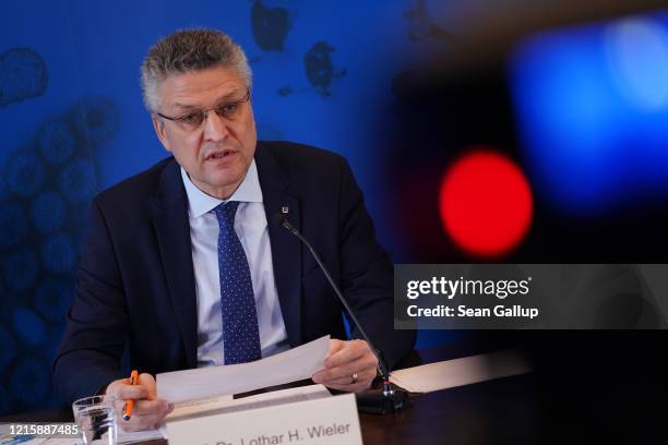 Lothar Wieler, President of the Robert Koch Institute, speaks to the media to give an update on the global coronavirus pandemic on March 31 in...