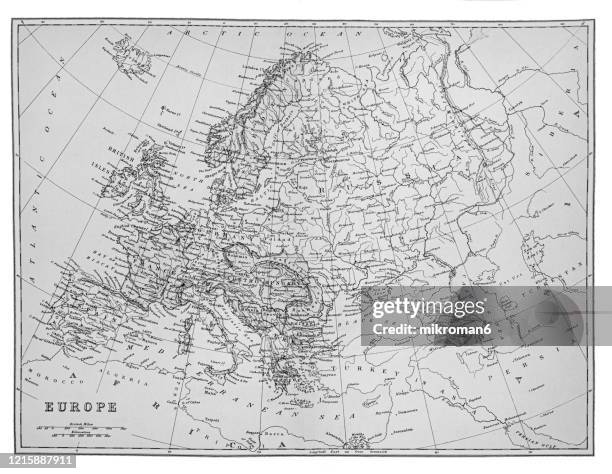 old map of europe - published 1894. antique illustration, popular encyclopedia published 1894. copyright has expired on this artwork - españa mapa stock pictures, royalty-free photos & images