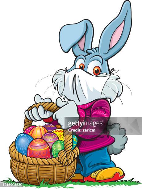 bunny wearing a face mask against covid-19. coronavirus alert for easter 2020. - easter bunny costume stock illustrations