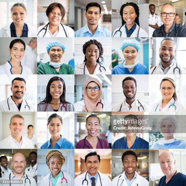 medizinisches personal auf der ganzen welt - ethnisch vielfältige headshot-porträts - montage stock-fotos und bilder
