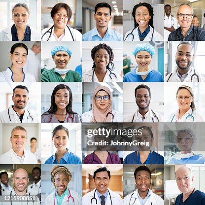 Personal médico en todo el mundo - retratos de disparos a la cabeza étnicamente diversos Personal médico en todo el mundo - retratos de disparos a la cabeza étnicamente diversos