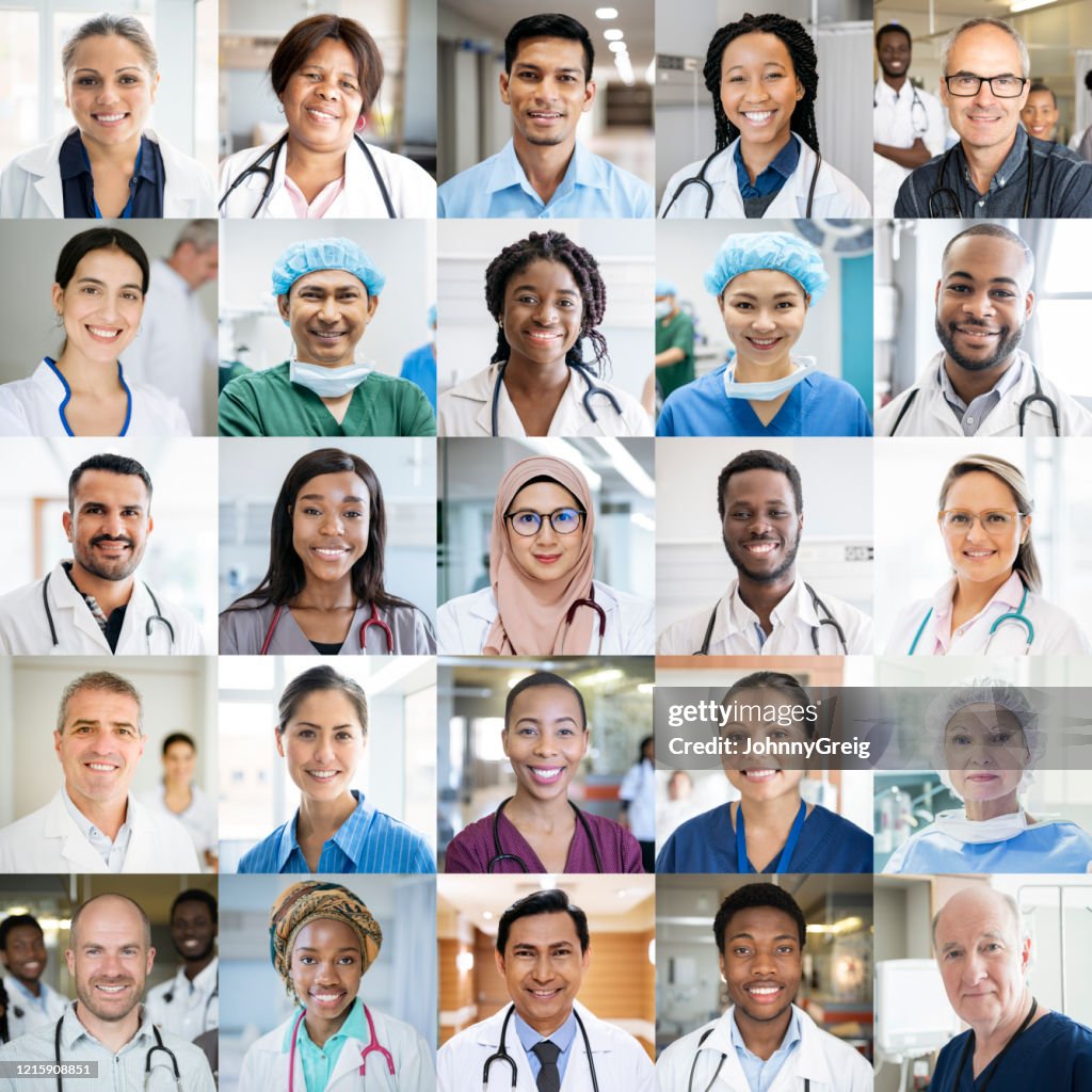 Medical staff around the world - ethnically diverse headshot portraits
