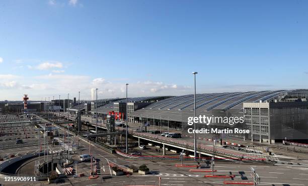 An overview of the empty short term parking at Hamburg airport on March 31 in Hamburg, Germany. The parking is usually full but due to travel...