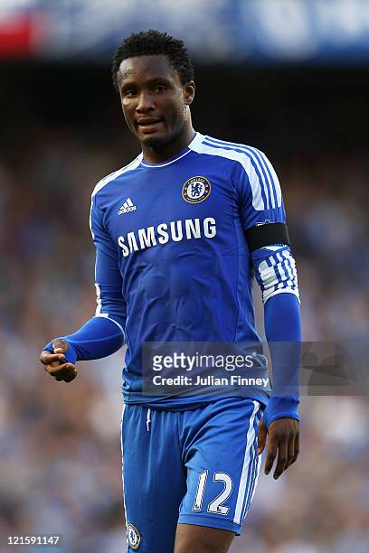 John Obi Mikel of Chelsea looks on during the Barclays Premier League match between Chelsea and West Bromwich Albion at Stamford Bridge on August 20,...