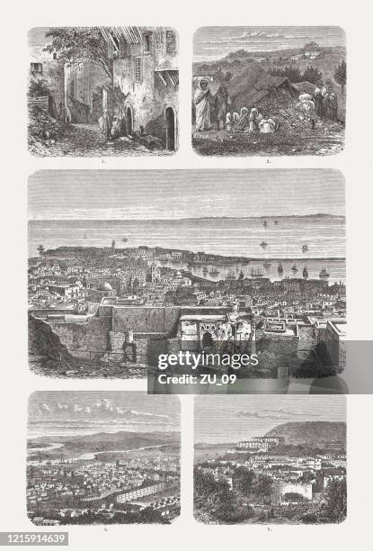 historical views of algeria, wood engravings, published in 1893 - annaba algeria stock illustrations