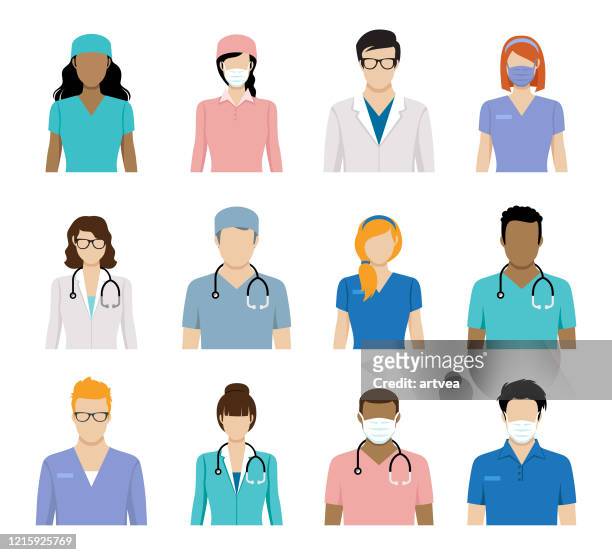 illustrazioni stock, clip art, cartoni animati e icone di tendenza di avatar operatore sanitario e avatar del medico - medico