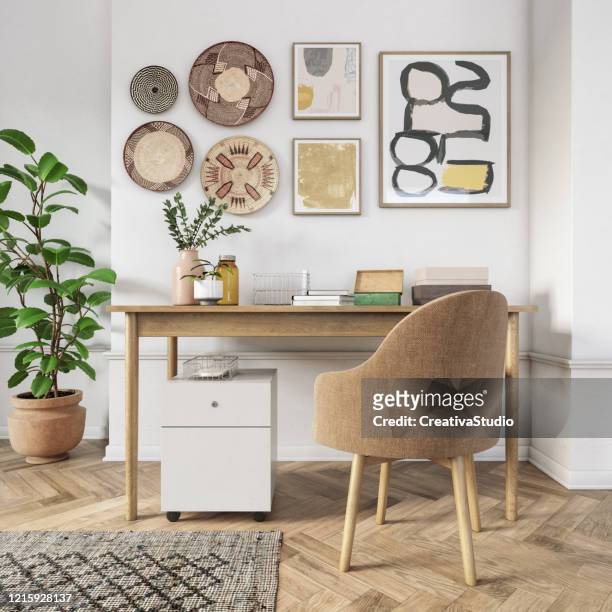 bohemian home office interior - 3d render - scandinavian culture stock pictures, royalty-free photos & images
