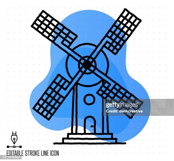 retro windmill vector editable line illustration - old windmill stock illustrations
