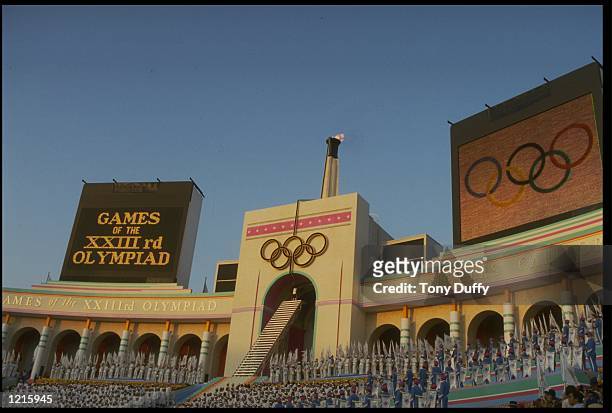 A VIEW OF THE STANDS DURING THE OPENING CEREMONY OF THE 1984 OLYMPIC GAMES HELD IN THE LOS ANGELES MEMORIAL COLISEUM.