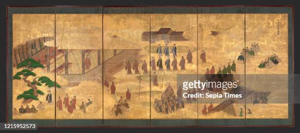 Scenes at the University with Images of the Ancient Sages; Debate and Banquet at the Administration Offices, Edo period , 17th century, Japan, Pair...