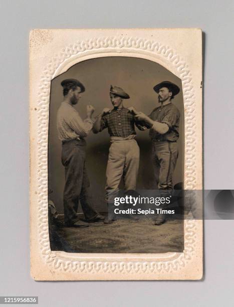Two Men in Boxing Stance, a Third Man Adjusting One Man's Form, 1860s-80s, Tintype, Image: 7.8 x 5.4 cm , Photographs, J. C. Batchelder .