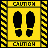 Foot position warning sign sticker reminding of keeping distance to protect from Coronavirus or COVID-19, Vector illustration of feet step keep a safe social distancing