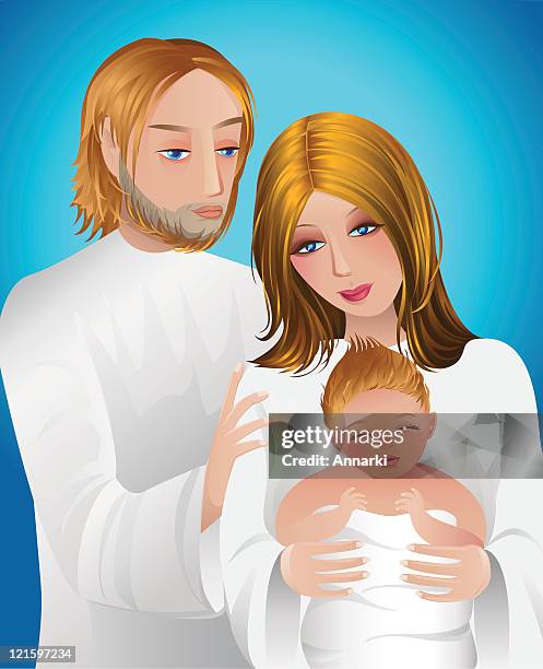 porträt von joseph, maria und baby jesus auf blauem hintergrund - gruppenfoto stock-grafiken, -clipart, -cartoons und -symbole