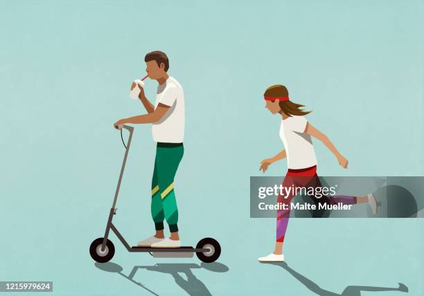 woman chasing boyfriend riding motorized scooter - paar in sportkleidung stock-grafiken, -clipart, -cartoons und -symbole