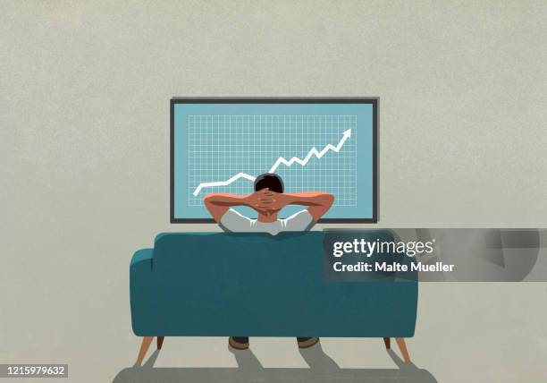 illustrations, cliparts, dessins animés et icônes de man on sofa watching rising stock market data on tv - divano