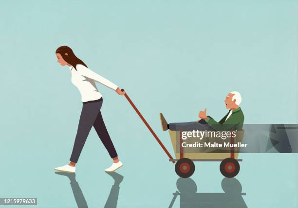 woman pulling senior grandfather in wagon - ein elternteil stock-grafiken, -clipart, -cartoons und -symbole