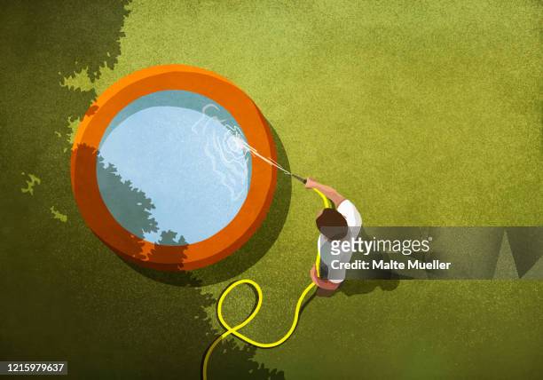 illustrations, cliparts, dessins animés et icônes de man with hose filling wading pool in sunny backyard - filling