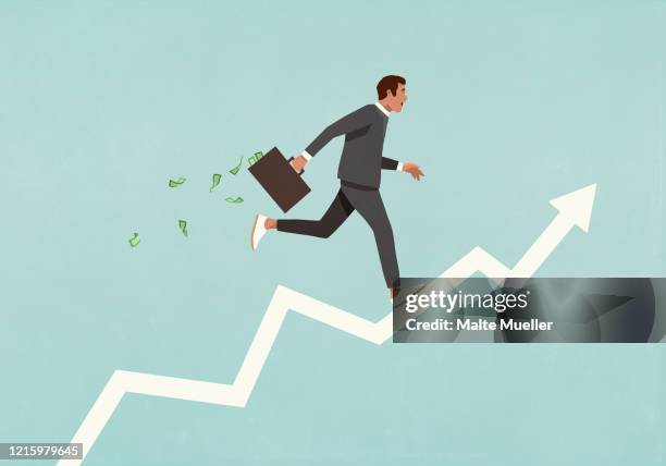 male investor with briefcase full of money running up ascending arrow - börsenhändler stock-grafiken, -clipart, -cartoons und -symbole