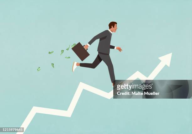 illustrazioni stock, clip art, cartoni animati e icone di tendenza di male investor with briefcase full of money running up ascending arrow - spostarsi verso l'alto