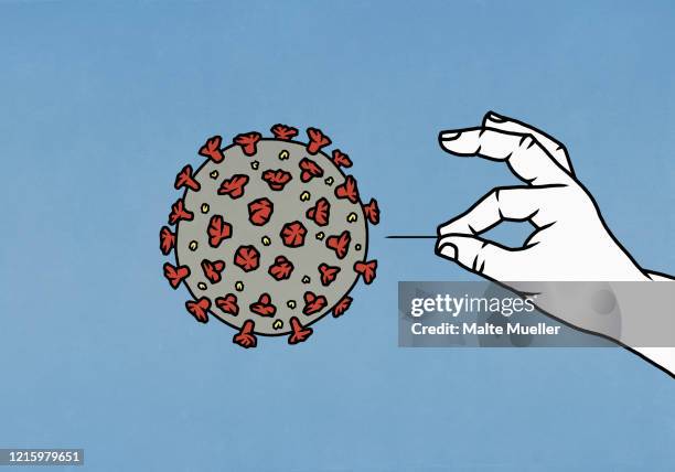 hand with pin over covid-19 coronavirus - curiosity stock illustrations