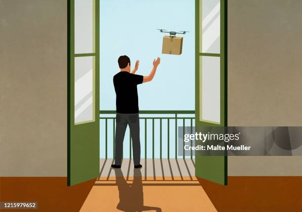 man reaching for drone package delivery on sunny balcony - remote controlled stock illustrations