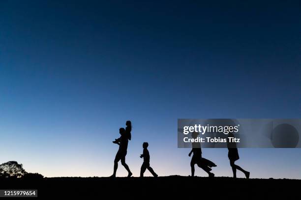 silhouette family walking against blue sky at dusk - 家族　シルエット ストックフォトと画像