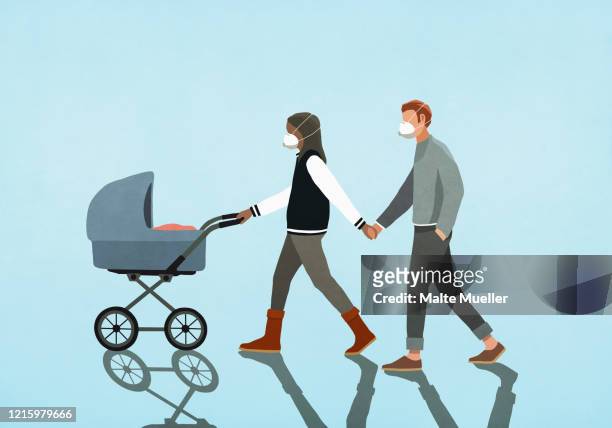couple in flu masks holding hands and walking baby in stroller - respiratory disease stock illustrations