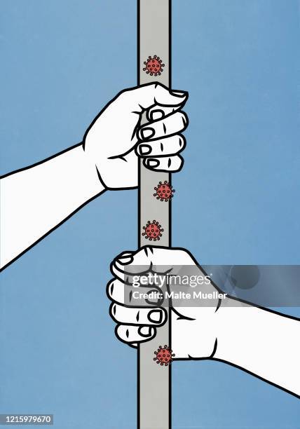hands holding pole covered with covid-19 coronavirus - viral infection stock illustrations