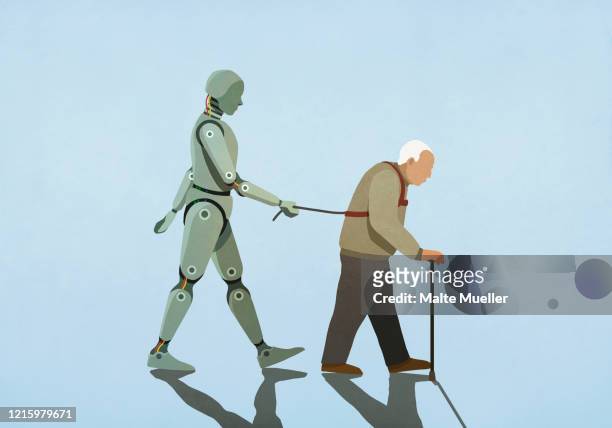 robot walking senior man on leash - one man only stock illustrations stock-grafiken, -clipart, -cartoons und -symbole