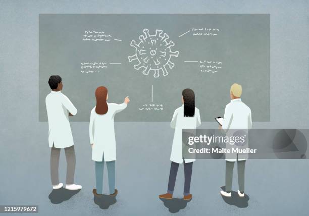 stockillustraties, clipart, cartoons en iconen met scientists discussing covid-19 coronavirus diagram - back to school