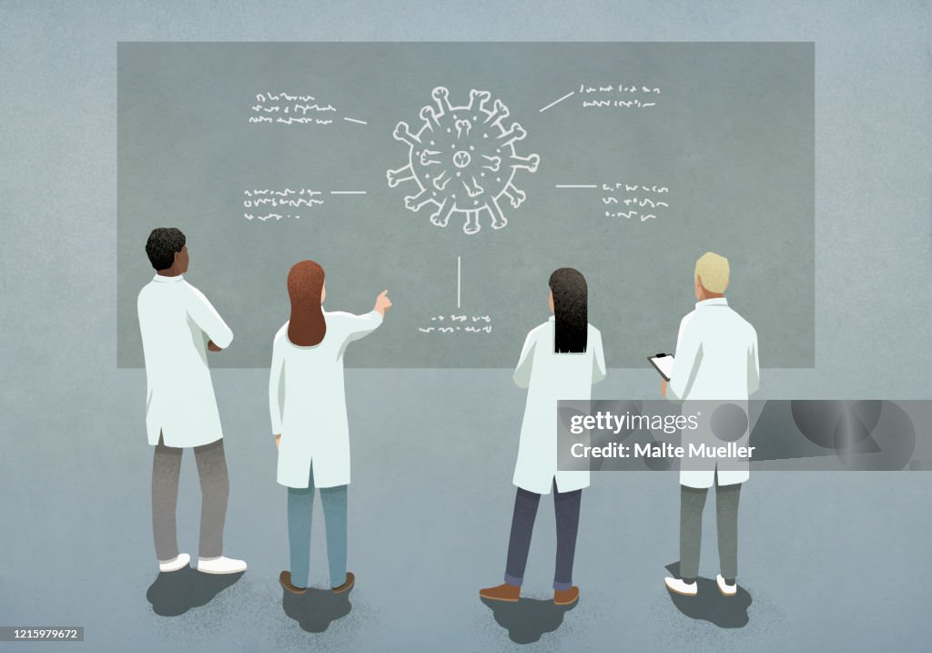 Scientists discussing COVID-19 coronavirus diagram