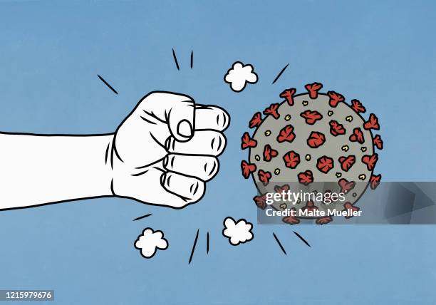 angry fist next to covid-19 coronavirus - virusinfektion stock-grafiken, -clipart, -cartoons und -symbole