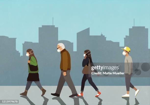 pedestrians in flu masks walking in city - female surgeon mask 幅插畫檔、美工圖案、卡通及圖標