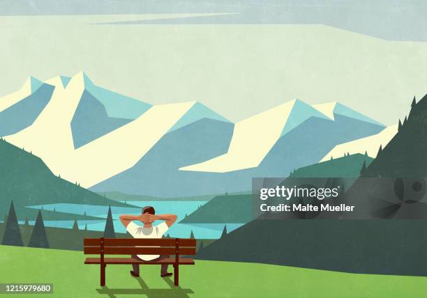 ilustraciones, imágenes clip art, dibujos animados e iconos de stock de man on bench enjoying scenic mountain landscape view - tranquil scene