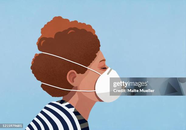 young woman wearing flu mask - short hair stock illustrations