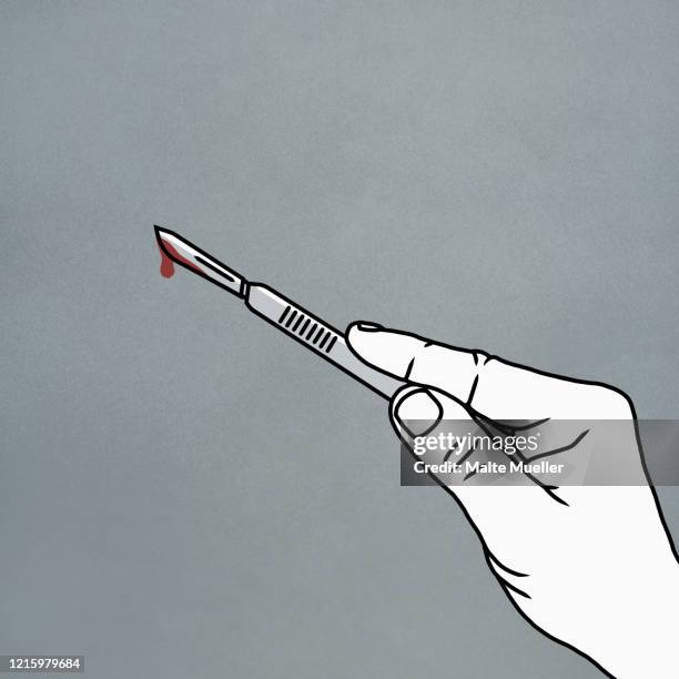 close up hand holding scalpel dripping blood - scalpel stock illustrations