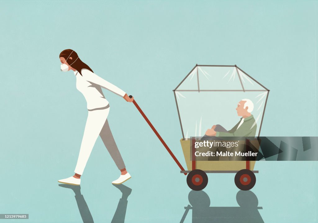 Woman in flu mask pulling senior man in covered wagon