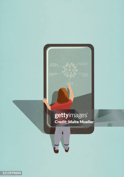 girl diagraming covid-19 coronavirus on large smart phone screen - ein mädchen allein stock-grafiken, -clipart, -cartoons und -symbole