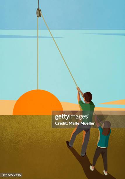 brother and sister hoisting sunrise on pulley - innocence stock illustrations
