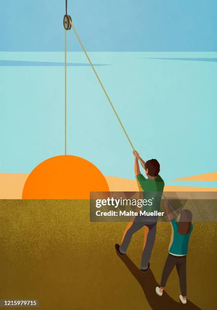 brother and sister hoisting sunrise on pulley - hoist stock illustrations