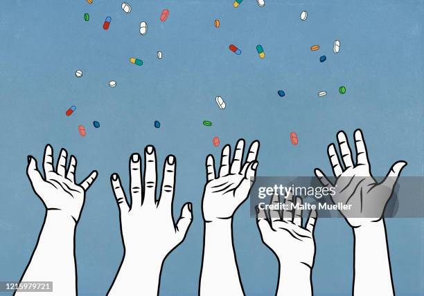 ilustraciones, imágenes clip art, dibujos animados e iconos de stock de hands reaching for falling prescription medicine - analgésico