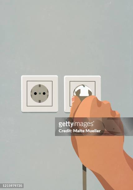 hand plugging cord into electrical outlet - plug socket stock illustrations
