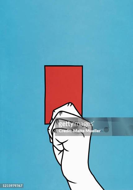 ilustraciones, imágenes clip art, dibujos animados e iconos de stock de hand holding red card - penalización