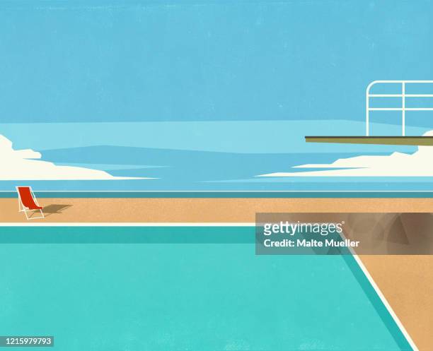 diving board over swimming pool with ocean view - holiday stock illustrations