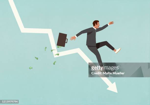 businessman with briefcase falling in recession - mannen stock-grafiken, -clipart, -cartoons und -symbole