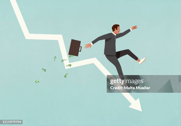 ilustraciones, imágenes clip art, dibujos animados e iconos de stock de businessman with briefcase falling in recession - derramar actividad